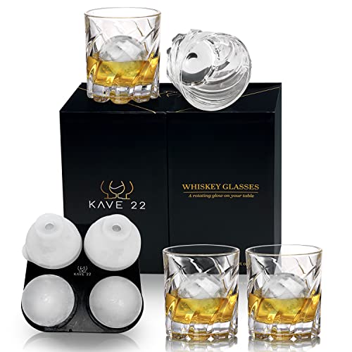 Kave 22 Spinning Whiskey Glasses - Elegant Bourbon Glasses with Ice Ball Mold - Thick, Scotch Glasses Set of 4 - Luxurious Gift for Whisky
