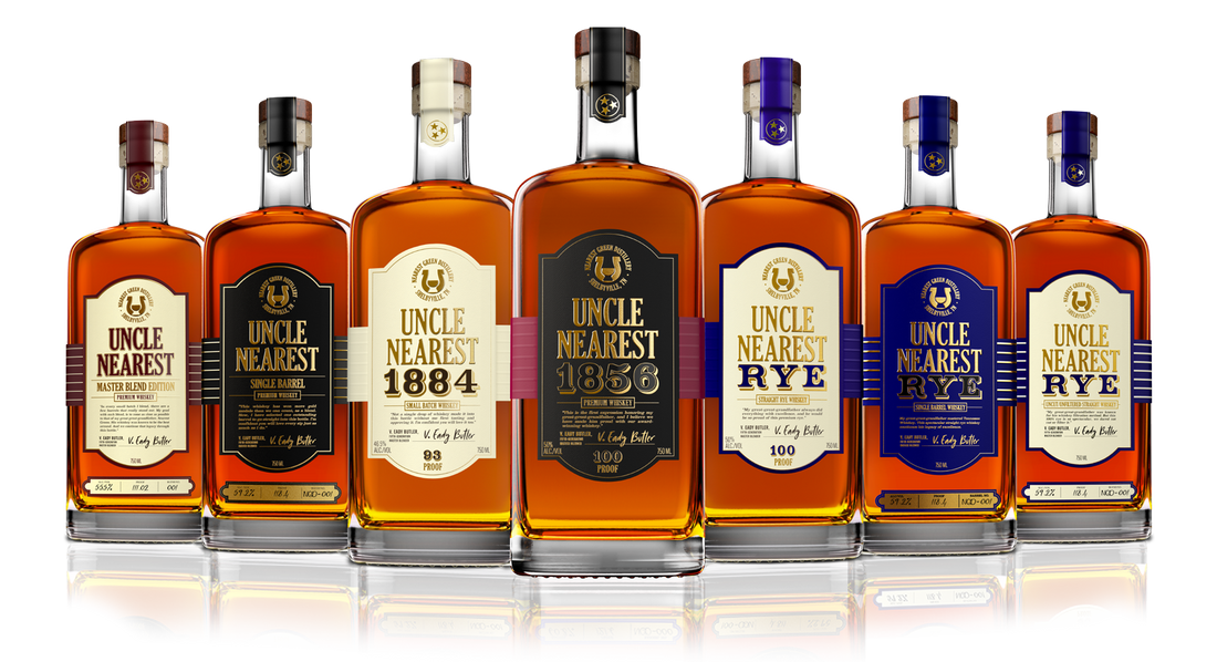 Bottles of Uncle Nearest Whiskey in a line. Photograph taken from Uncle Nearest website (https://unclenearest.com/).