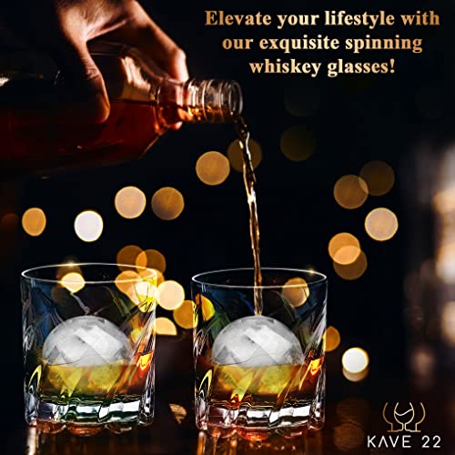 KAVE 22 Spinning Glass Set – Elegant and Refined 4pcs Spinning Whiskey Glasses, and Ice Ball Mold